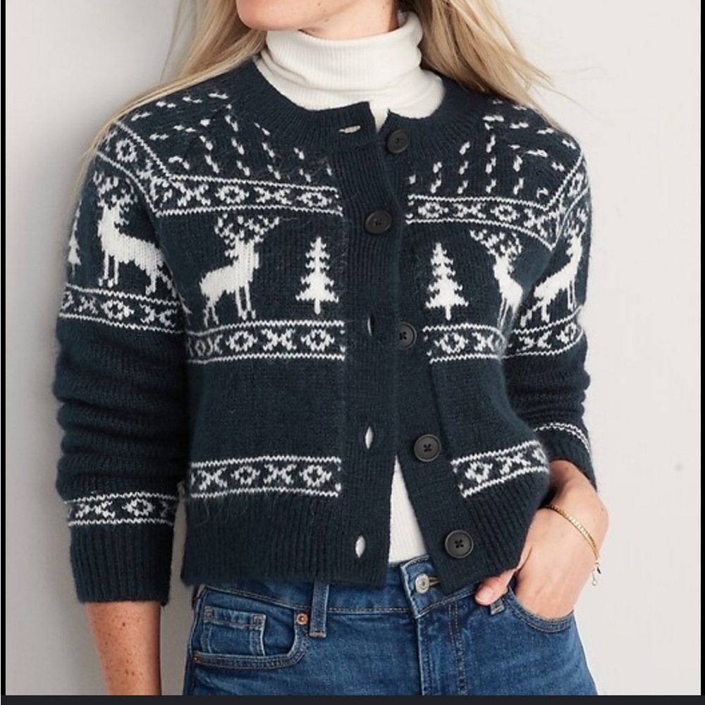 Old Navy white Blue Reindeer Cardigan matching fair isle sweater women’s large